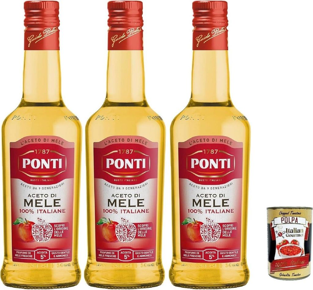 Ponti, Aceto di Mele 100% Italiane, Apfelessig mit einem sanften und harmonischen Geschmack, 5% Säure, ideal für das Aromatisieren Ihrer Salate u...