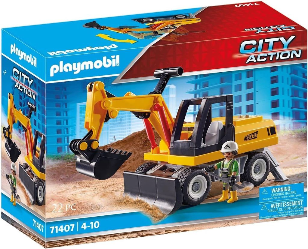 PLAYMOBIL Bagger mit beweglicher Schaufel, 360° drehbar und ausklappbaren Stützfüßen für Kinder ab 4 Jahren