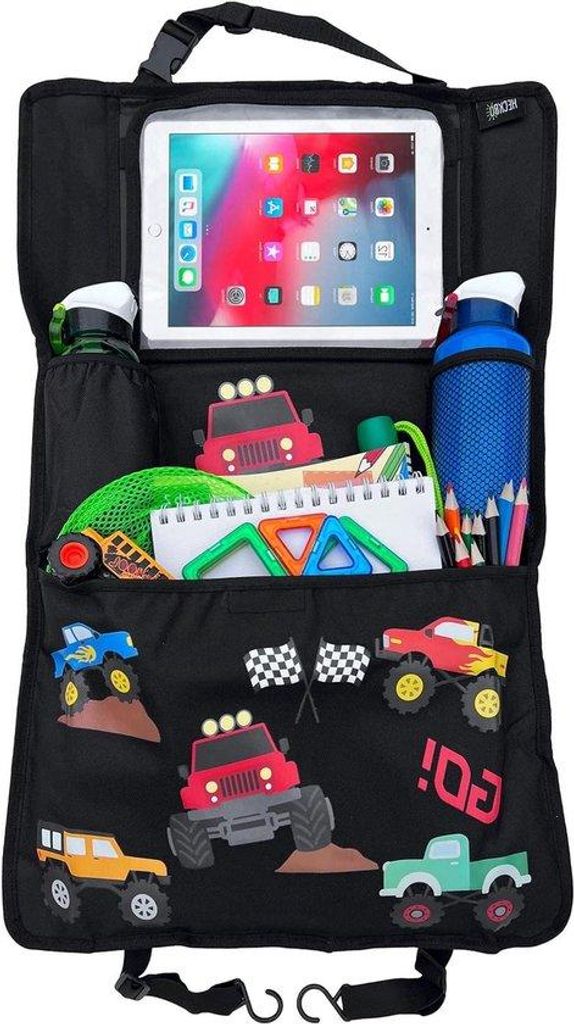 Kinderwagen-Organiser mit anpassbarer Tablet-Tasche für Zubehör - Monster-Truck-Motiv - Universal - 70 x 45 cm - inkl. Trinkhalter + Aufbewahrung...
