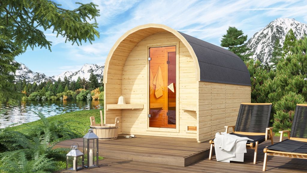 Karibu Saunahaus Außensauna Saunafass Fasshaus 3 unbehandelt Ofen 9 kW externe Strg easy 38mm Massivholz 224x364x230 cm