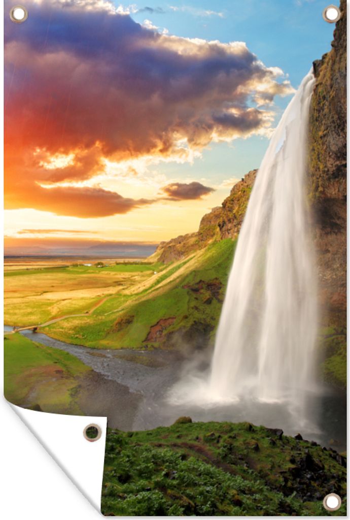MuchoWow 60x90 cm Outdoor-Poster Gartendeko Sichtschutz Garten Poster für den Garten Wasserfall - Felsen - Sonnenuntergang - Berge - Orange