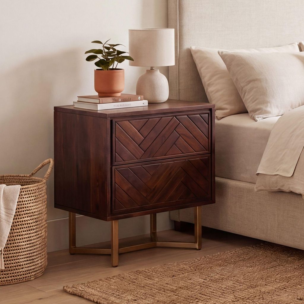 FineBuy Comodino in legno massello di acacia marrone con 2 Immagine del prodotto 