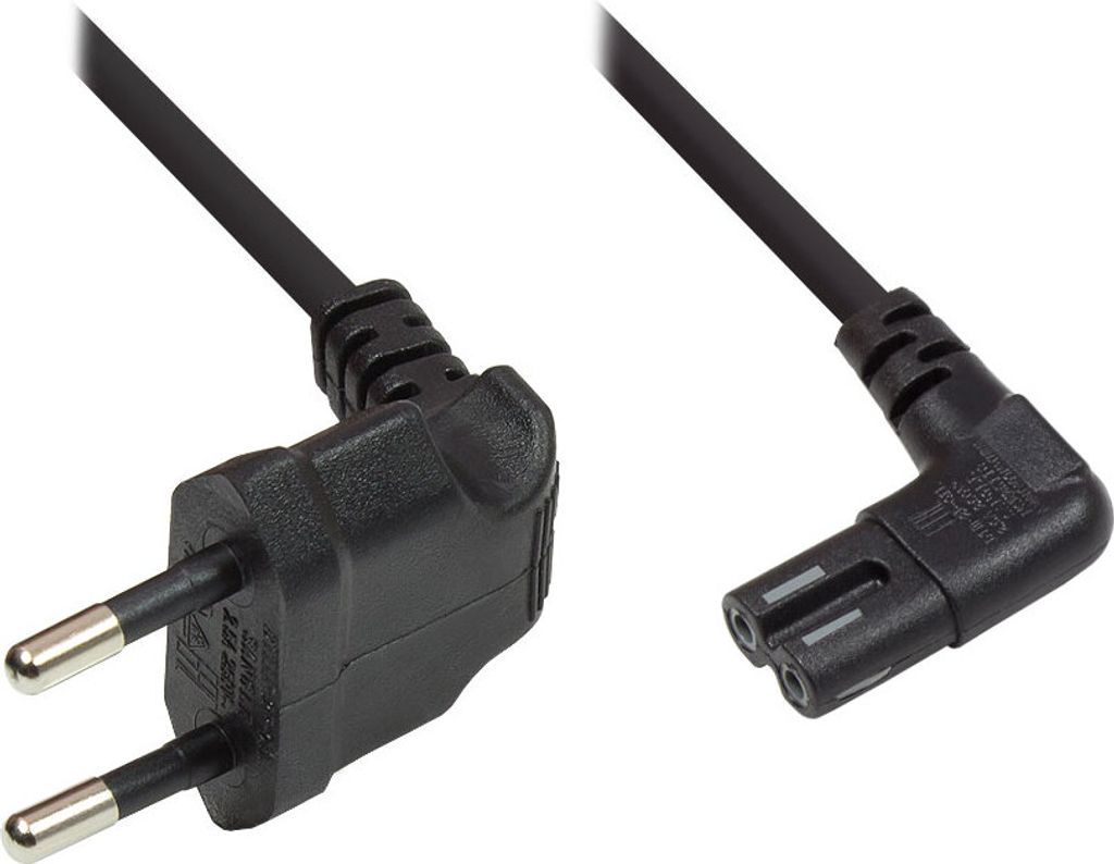 Euro-Netzkabel, Netzstecker an Euro 8 Buchse, beidseitig 90° abgewinkelt, schwarz, 1m, Good Connections