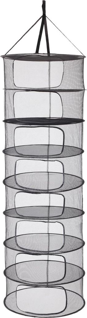 A hanging drying net with multiple shelves.