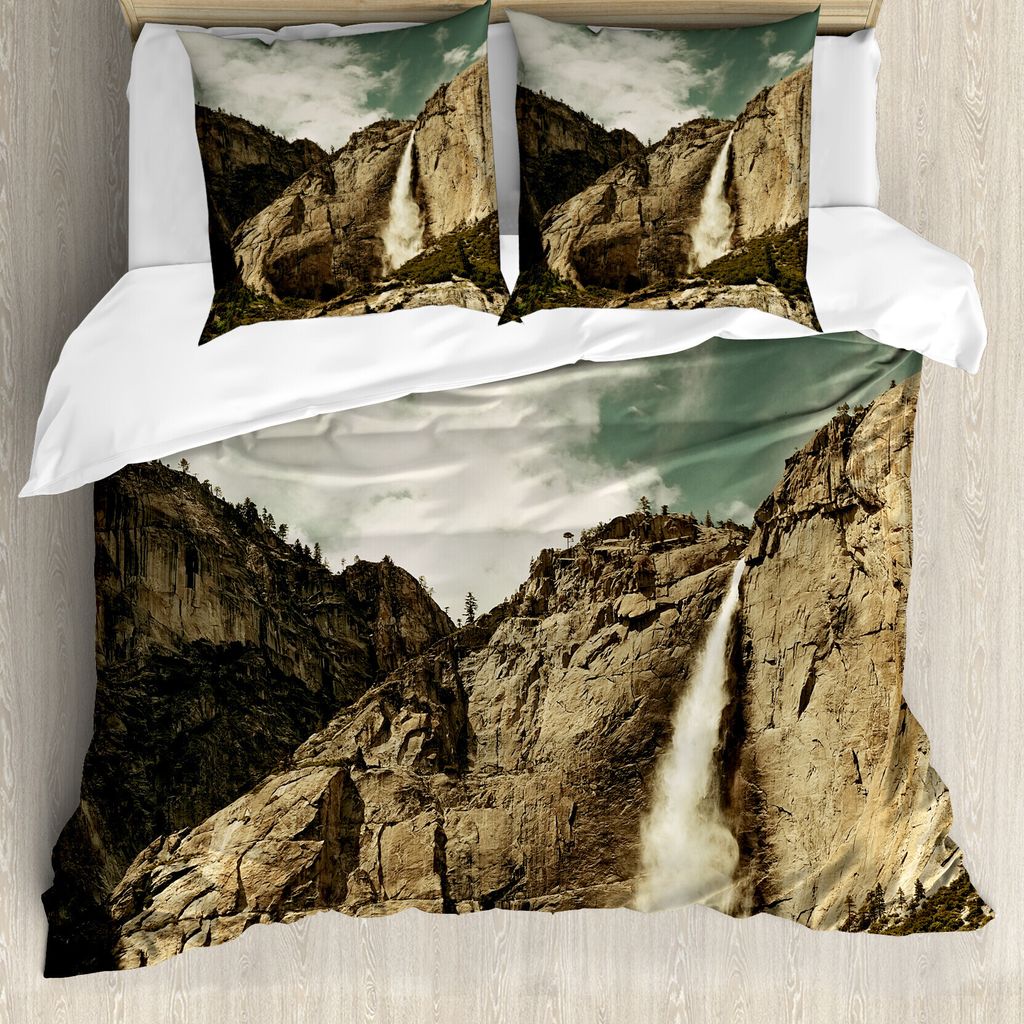 ABAKUHAUS Yosemite Bettbezug, Wasserfall Yosemite Park, Milbensicher Allergiker geeignet mit Kissenbezügen, 155 cm x 220 cm - 80 x 80 cm, Brown re...