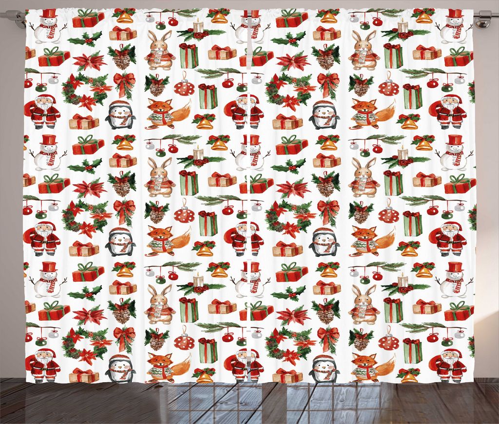 ABAKUHAUS Weihnachten Rustikaler Vorhang, Kaninchen Kerzen, Wohnzimmer Universalband Gardinen mit Schlaufen und Haken, 280 x 245 cm, Orange Grün Rot