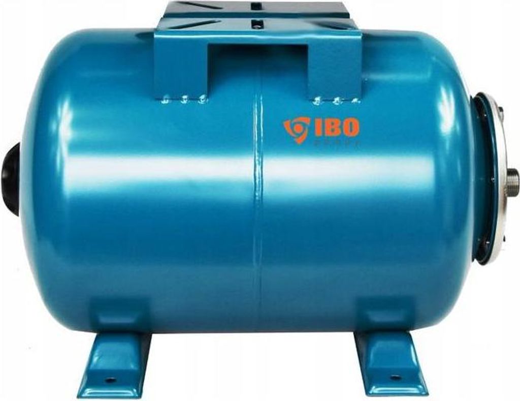 A blue horizontal pressure tank with an orange logo on a white background.