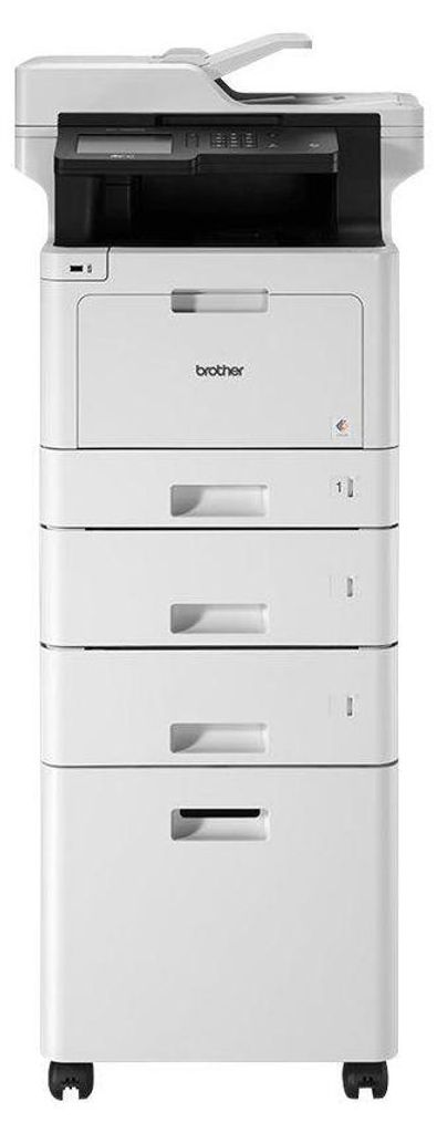 A white Brother multifunction printer with drawers and a scanner on top, shown from the front.