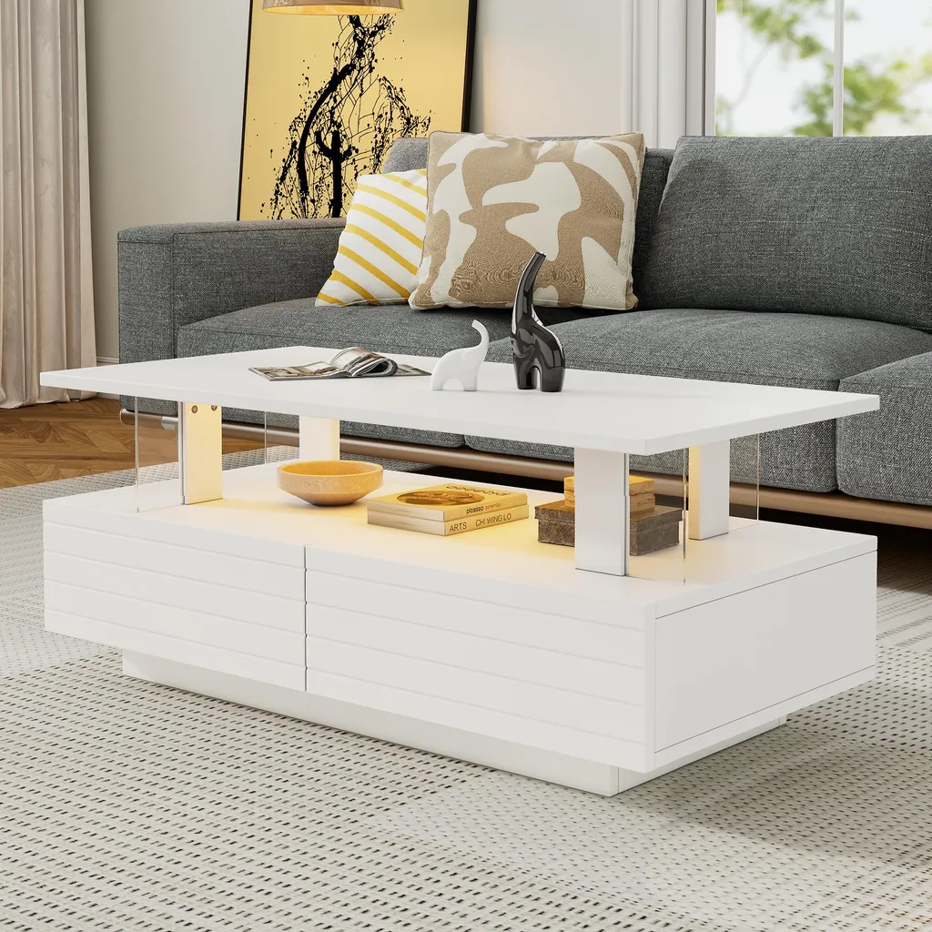 Table basse LED Merax 100x50cm blanc brillant avec 2 tiroirs et rangement