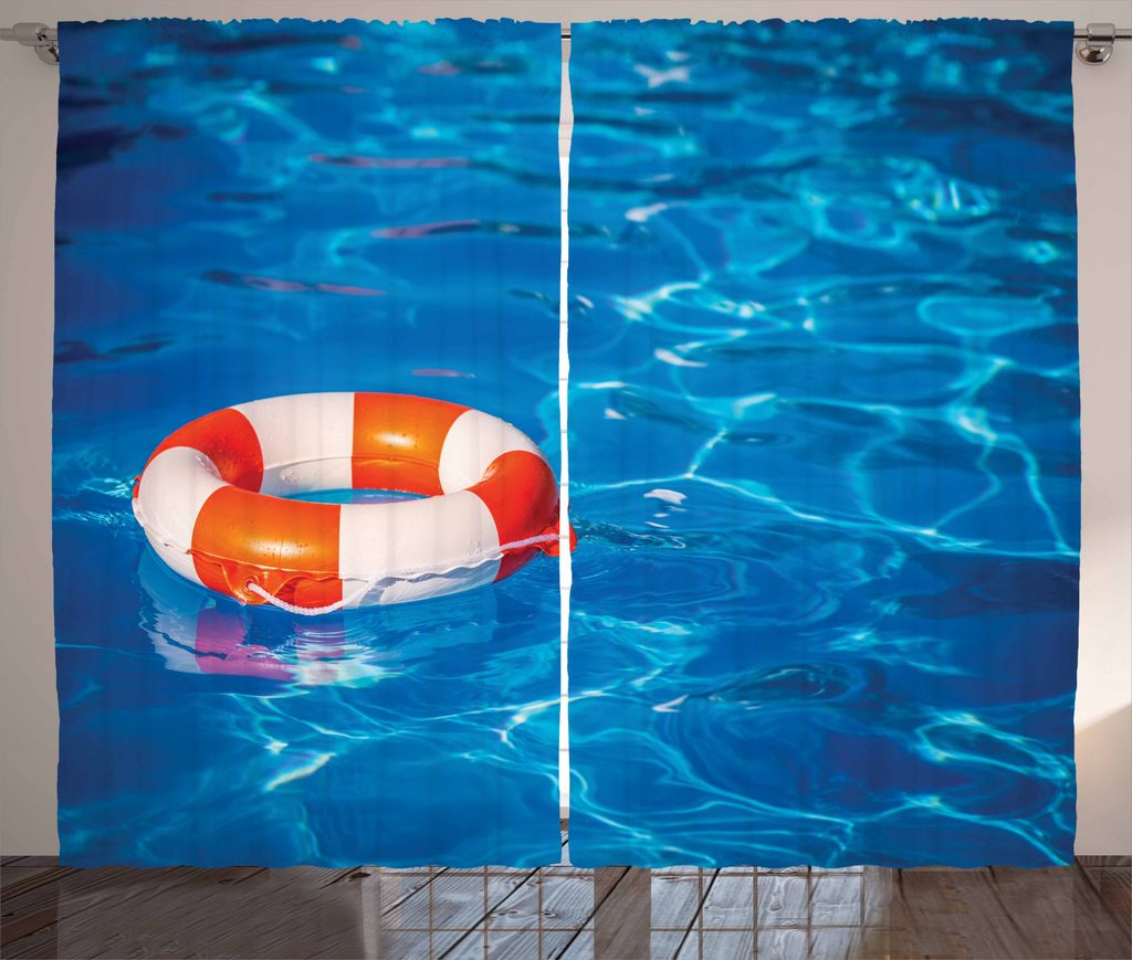 ABAKUHAUS Sommer Rustikaler Vorhang, Klarer Swimmingpool, Wohnzimmer Universalband Gardinen mit Schlaufen und Haken, 280 x 225 cm, Blau Orange Weiß