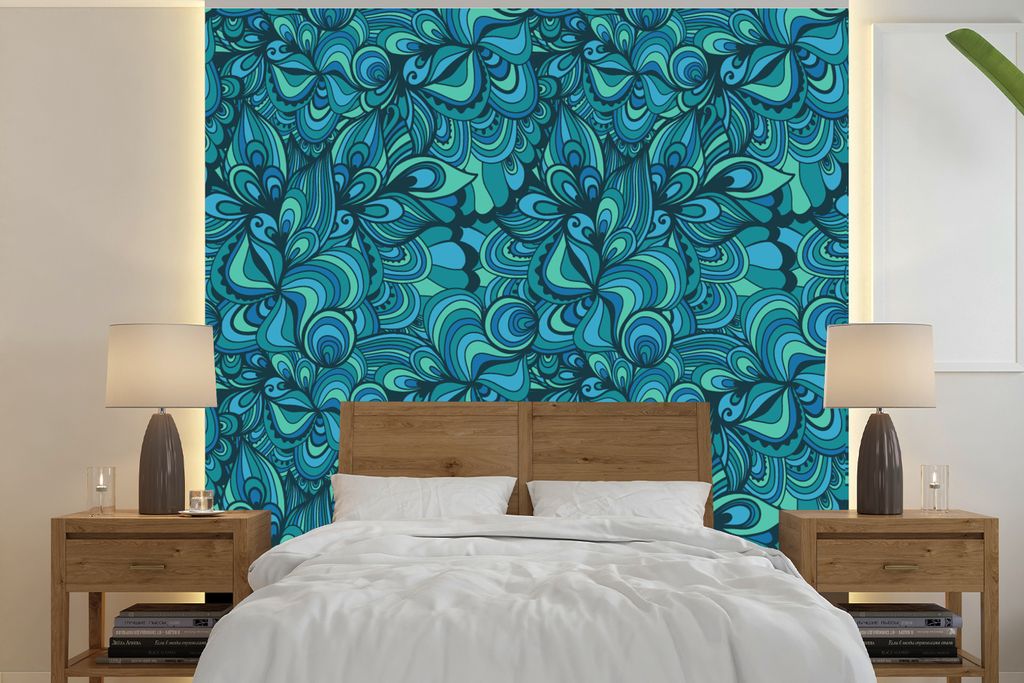 MuchoWow Fototapete für Wohnzimmer oder Schlafzimmer Wandtapete Vinyl Motivtapete Design - Vintage - Blau - Türkis - 300x300 cm - Wanddekoration