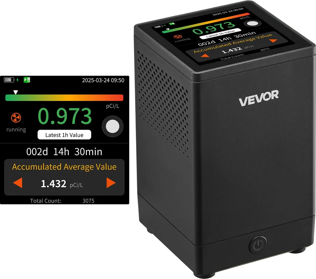 Monitor Radon VEVOR 0,054-540pCi/L: Precisione Ionica e Batteria 12 Giorni