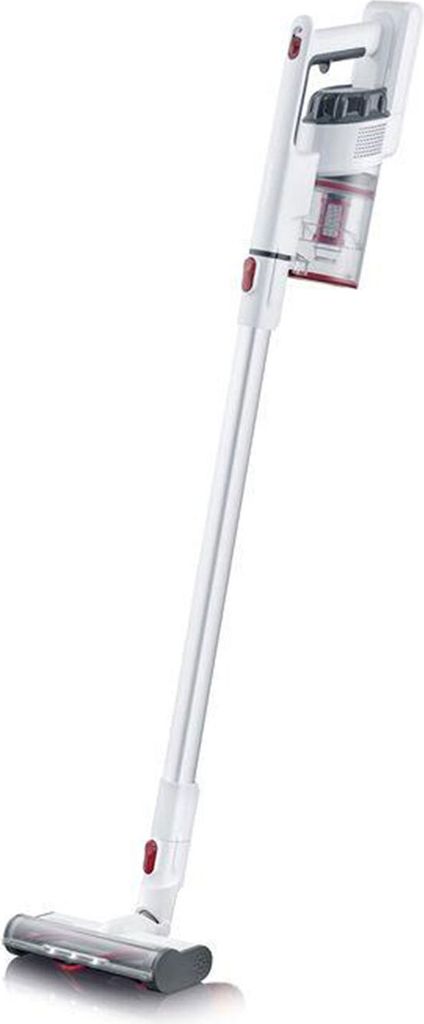 A white cordless stick vacuum cleaner is shown against a white background.
