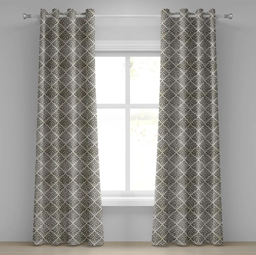 ABAKUHAUS Tenda con occhielli in damasco, motivo arabesco vintage, motivo asiatico simmetrico con motivi floreali a spirale, tende decorative a 2 pannelli, 280 cm x 175 cm, nero crema
