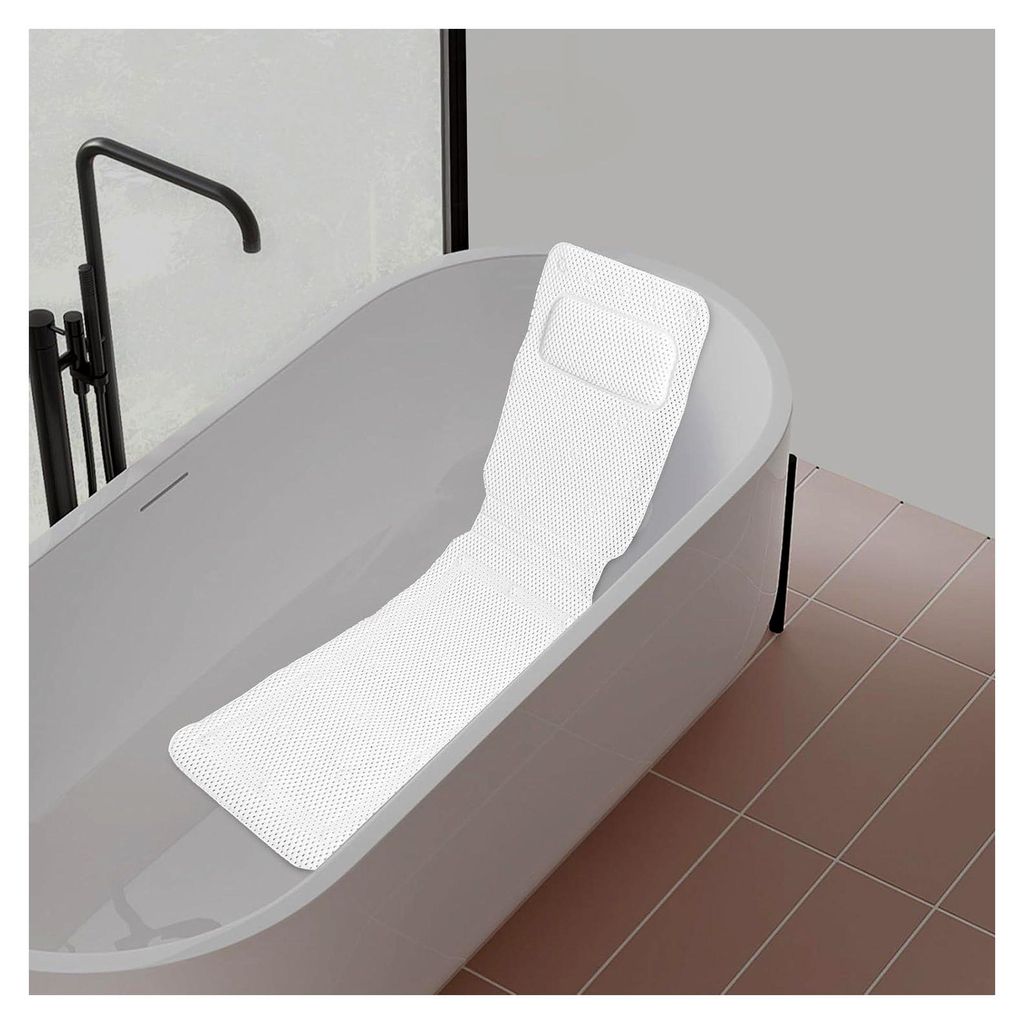 Rutschfeste Badewannenmatte mit Kissen – Ergonomische Badematte 125x36 cm mit Saugnäpfen und atmungsaktivem Mesh, gepolstert für Kopf, Nacken u...