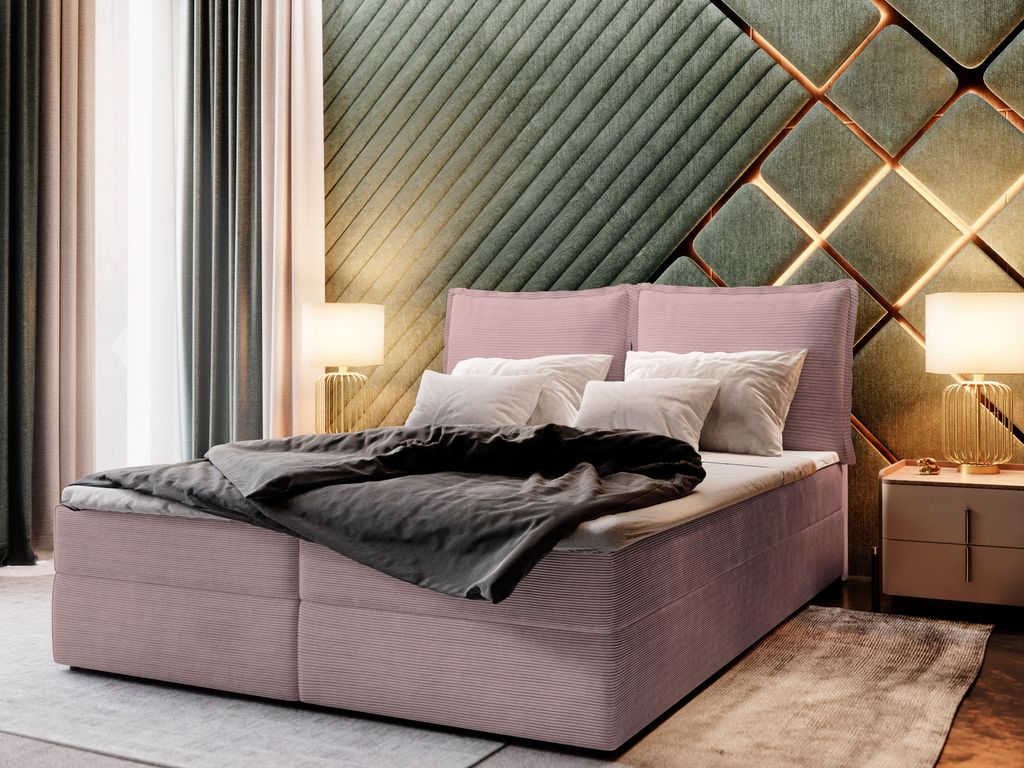 Masseno Boxspringbett LENTE 140x200 cm Komplett-Set mit Bonell Matratze und Topper, Polsterbett mit Bettkästen -Rosa, LINCOLN 61