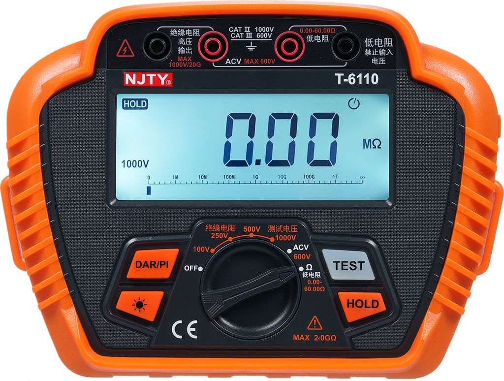 NJTY Isolationswiderstandstester, 1000 V, digitales Megohmmeter, max. 20GΩ, Messung des Absorptionsverhaeltnisses mit niedrigem Widerstand