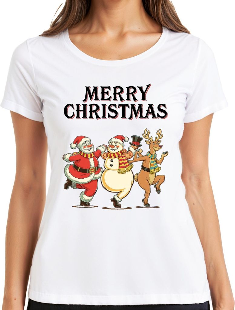 MERRY CHRISTMAS Weihnachtsmann Schneemann Rentier tanzend Vintage Damen T-Shirt, Weiß, L