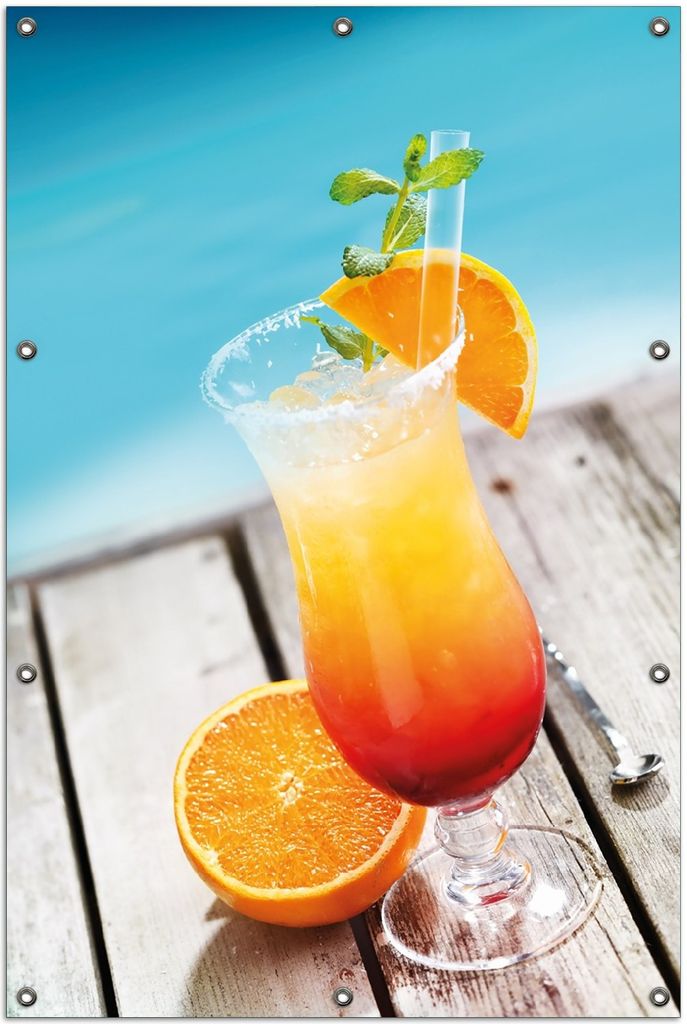 Wallario Outdoor-Poster für Garten oder Balkon, Motiv Bunter Cocktail am Pool, in ca. 100 x 150 cm