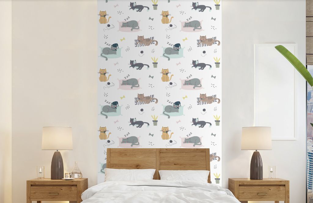 MuchoWow Fototapete für Wohnzimmer oder Schlafzimmer Wandtapete Vinyl Motivtapete Katzen - Haustiere - Muster - 120x240 cm - Hintergrundbild