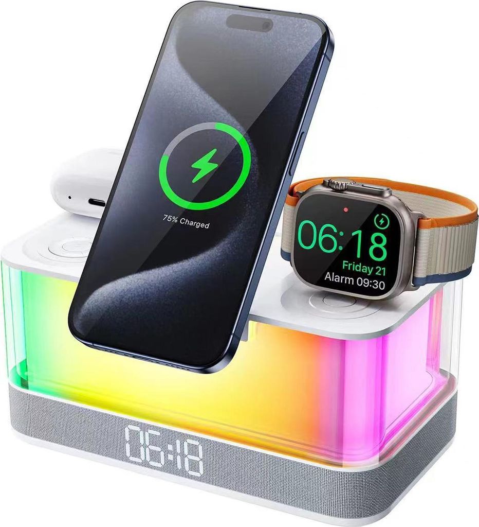 Multifunktionales Digitalgerät – Bluetooth-Lautsprecher mit Uhr, RGB-Ambient-Nachtlicht, magnetischem faltbarem Handyhalter & drahtlosem Ladegerät
