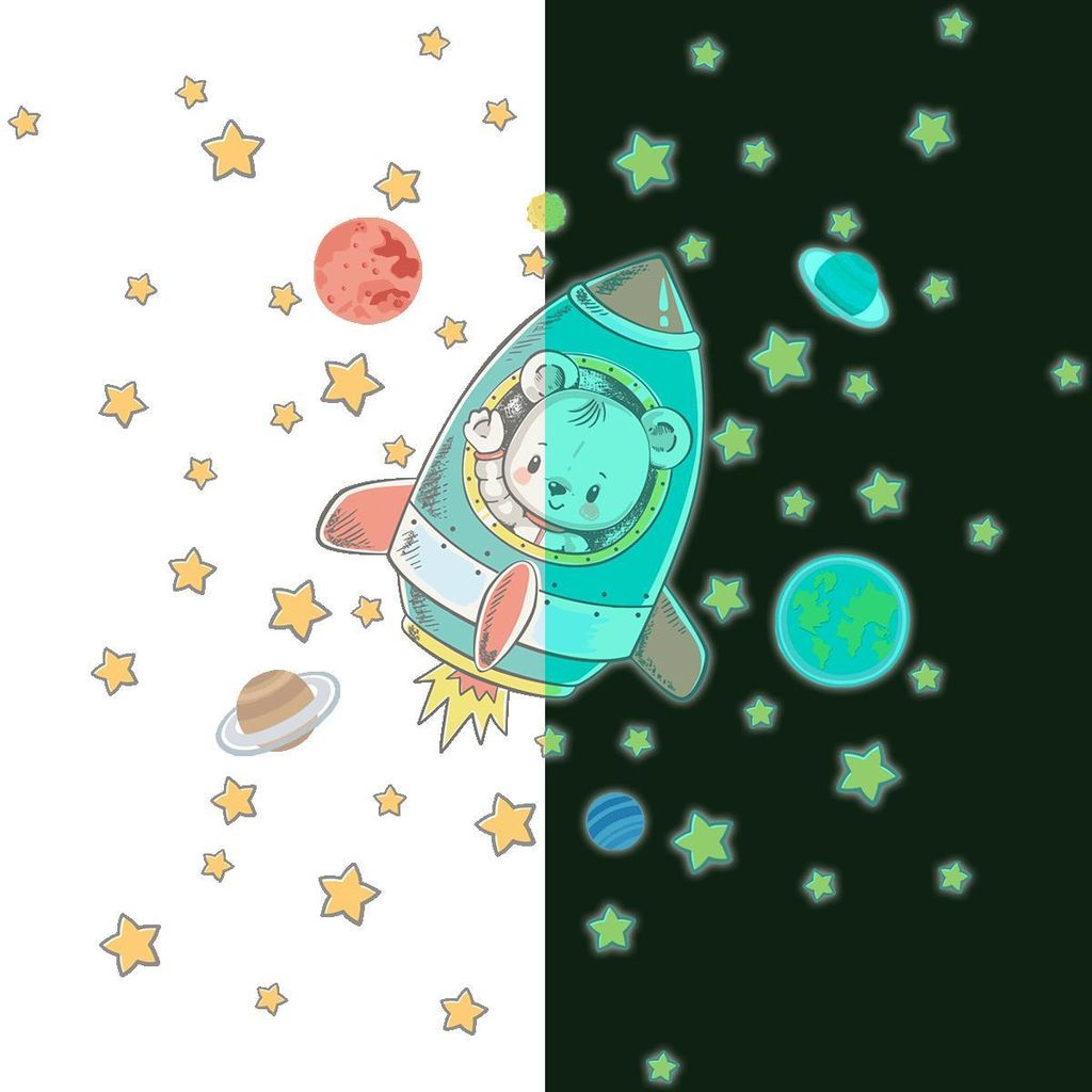 Leuchtsticker – Astronautenbär + 50 Sterne – Fluoreszierender Wand-/Deckensticker für Kinder – 100 x 100 cm