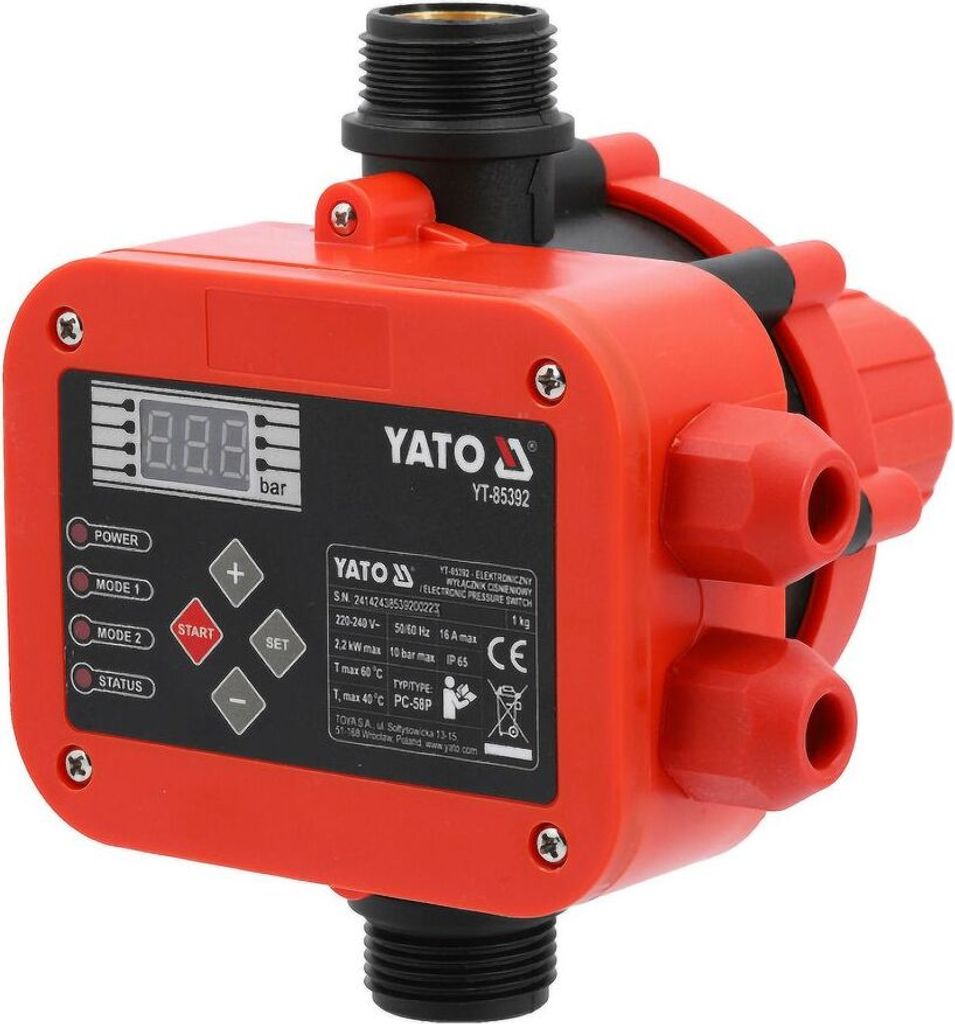 YATO Wasserdruckschalter Pumpensteuerung Druckschalter für Wasserpumpe 2200W Gartenpumpe Tiefbrunnen Hauswasserwerk mit LCD, Trockenlaufschutz