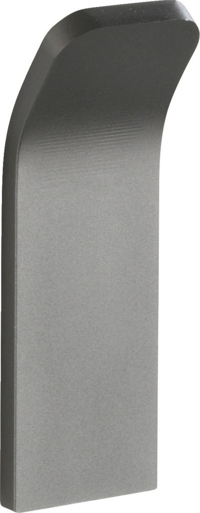 A gray metal hook against a white background.