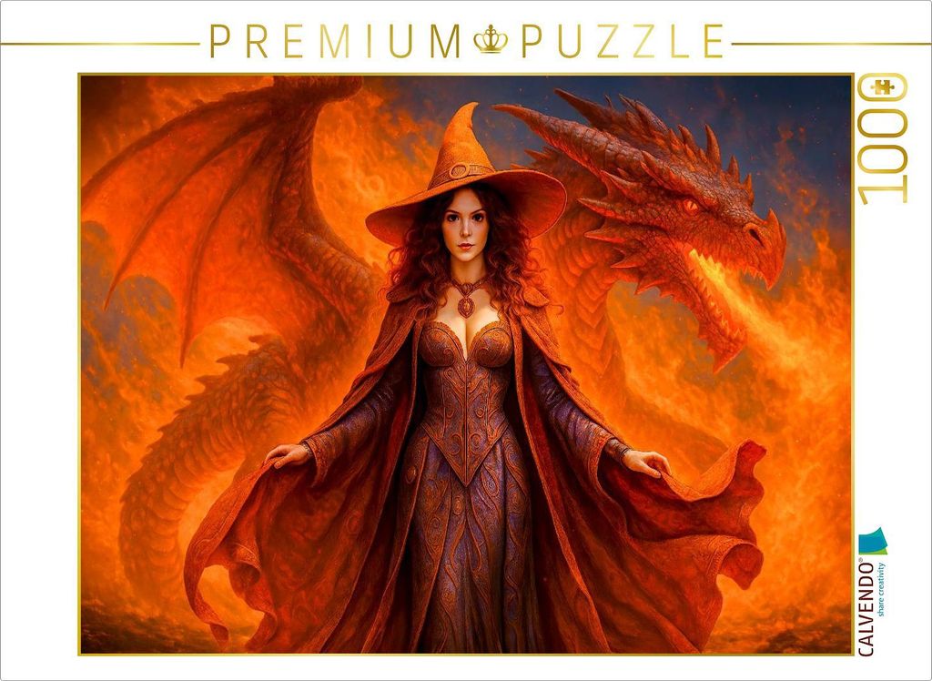 CALVENDO Puzzle Feuerhexe mit Drache | 1000 Teile Lege-Größe 64x48cm Foto-Puzzle für glückliche Stunden