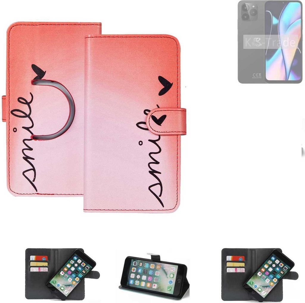 K-S-Trade Schutzhülle Handyhülle kompatibel mit MyPhone N23 5G Hülle cover bookstyle Etui ''smile'' rot Standfunktion Kameraschutz (1Stk)