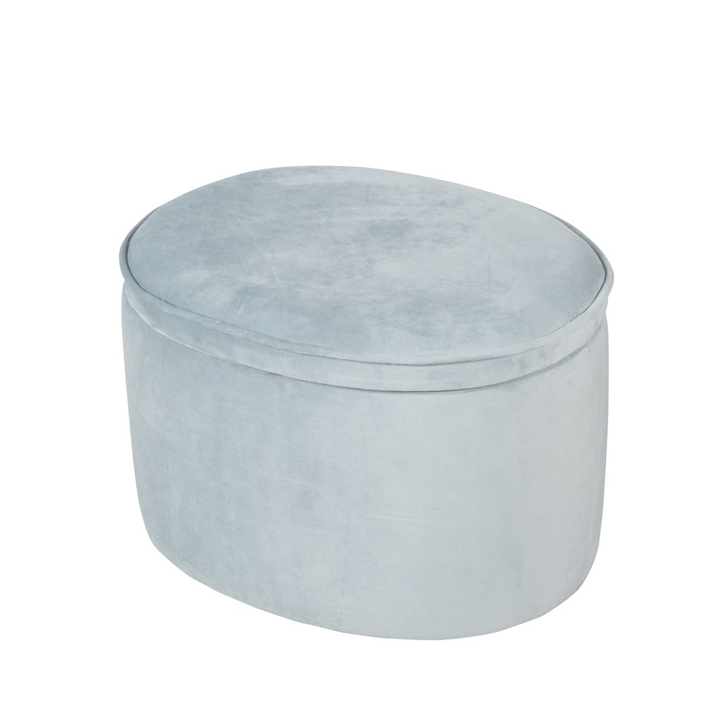 A light blue oval ottoman with a velvet texture is shown against a white background.