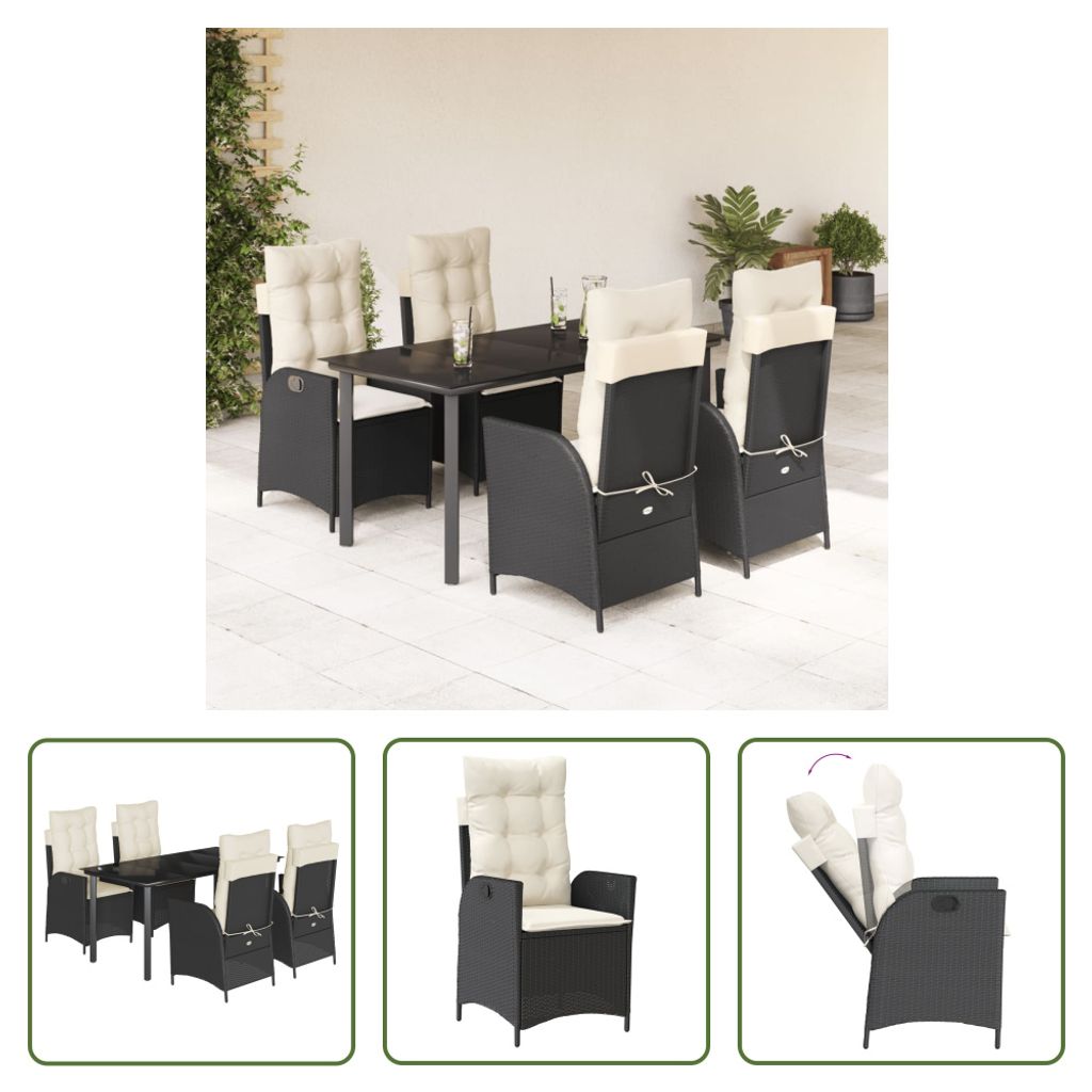 The Living Store 5-tlg. Garten-Essgruppe mit Kissen Schwarz Poly Rattan