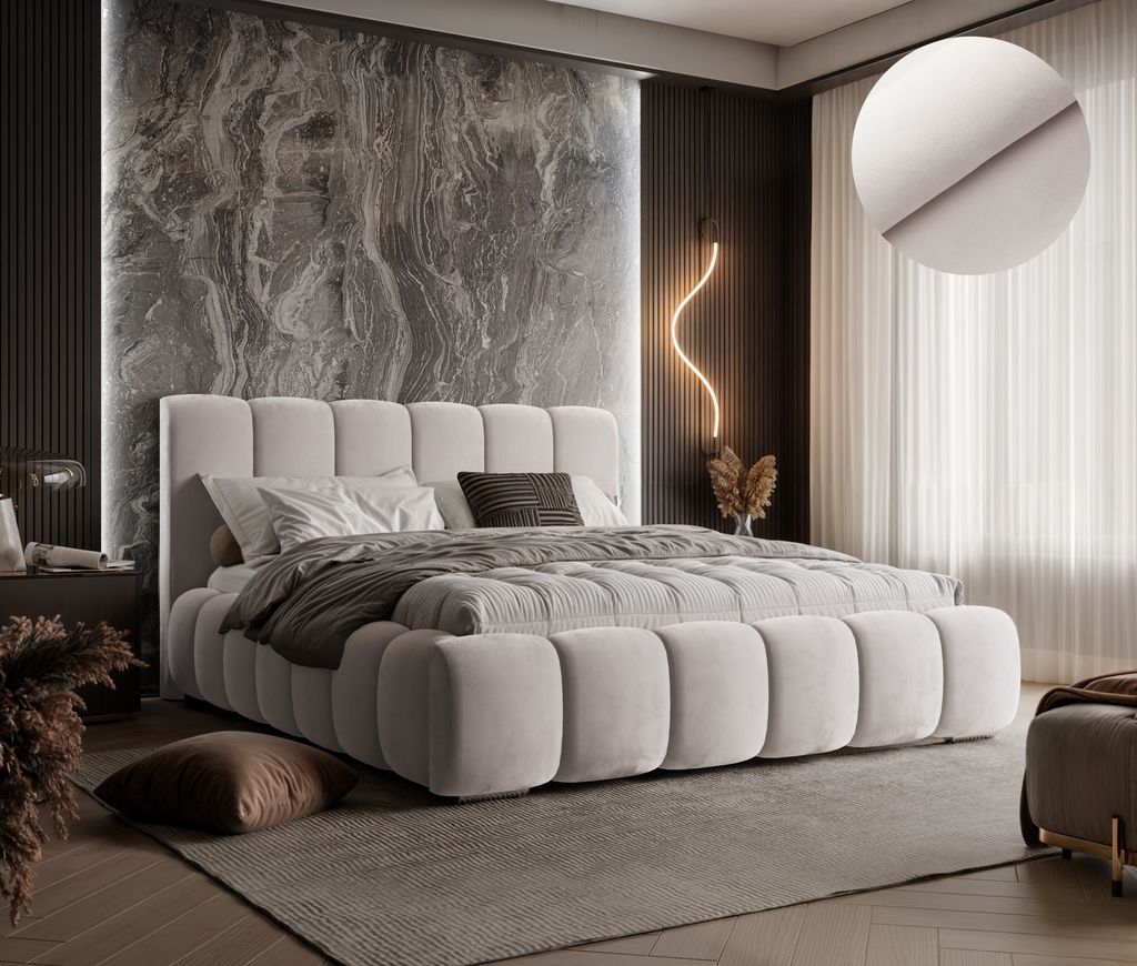 Modernes Polsterbett TOKIO Farbe hellrosa ,Magic Velvet 2246, Schlaffläche 140 cm x 200cm ,Bett mit gepolstertem Kopfteil, Design-Bett mit Bettkasten