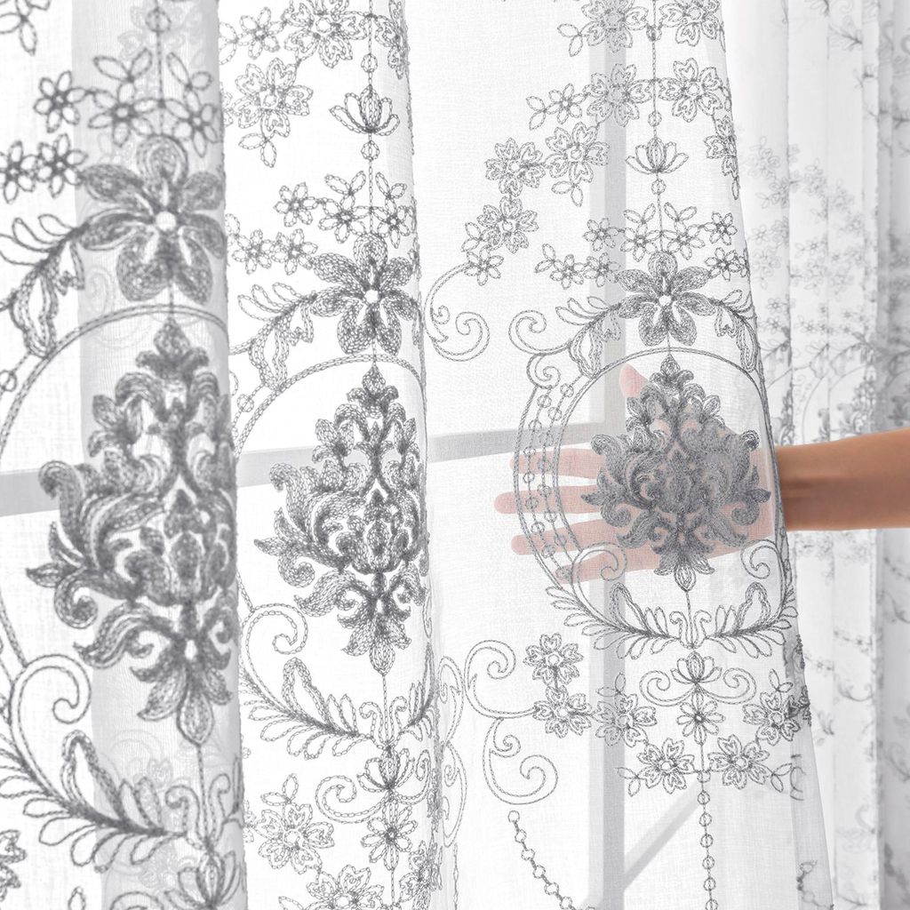 Easy Home Marokkanische Damaskus Bestickte Voile Vorhänge - 140x215 cm Transparent - 2er Set Grau