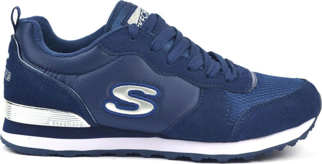 A side view of a navy blue Skechers sneaker with a silver 'S' logo.