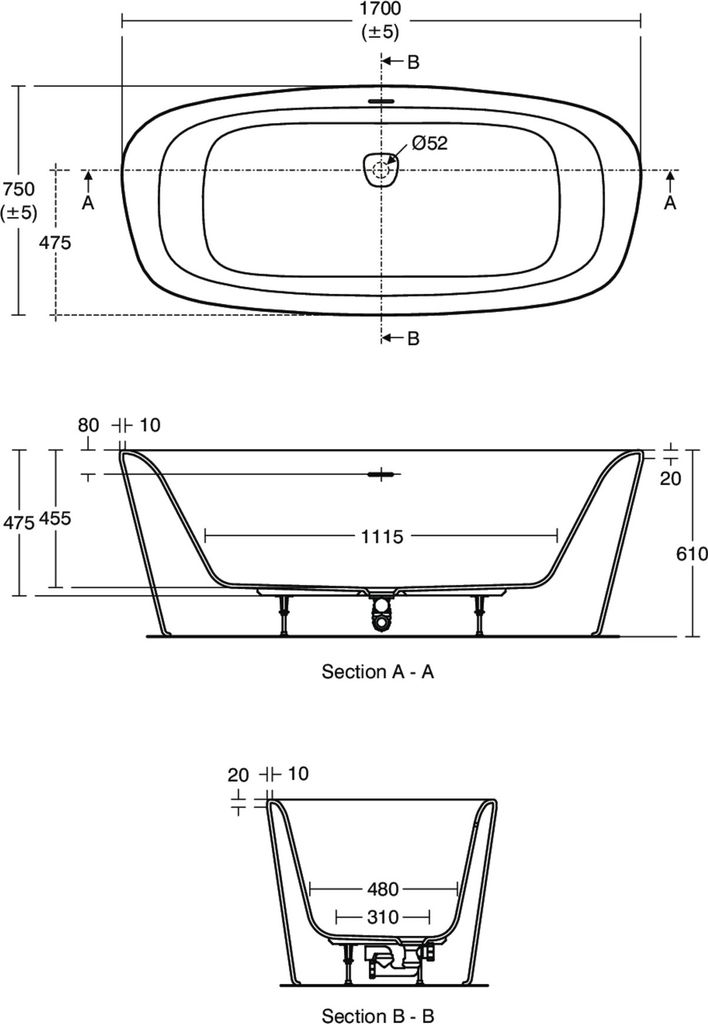 Ideal Standard Passion freistehende Wanne 1700 x 750 mm Weiß Matt