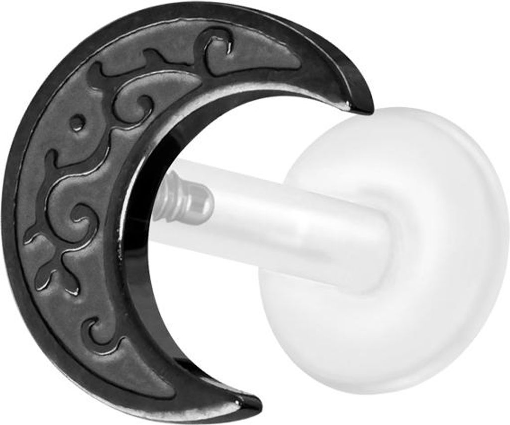 Ohrpiercing, Nasenpiercing PTFE Labret mit Innengewinde + Titan-Aufsatz MOND Schwarz Stablänge: 7mm | Stabstärke: 1,2mm