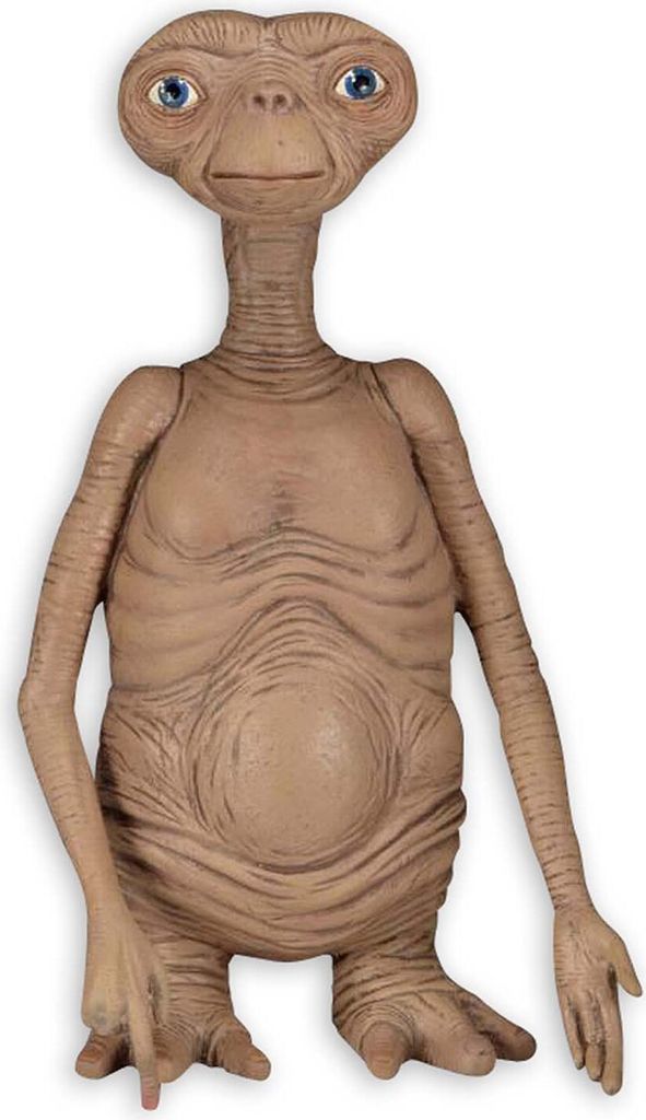 A full-body shot of an E.T. the Extra-Terrestrial figurine against a white background.