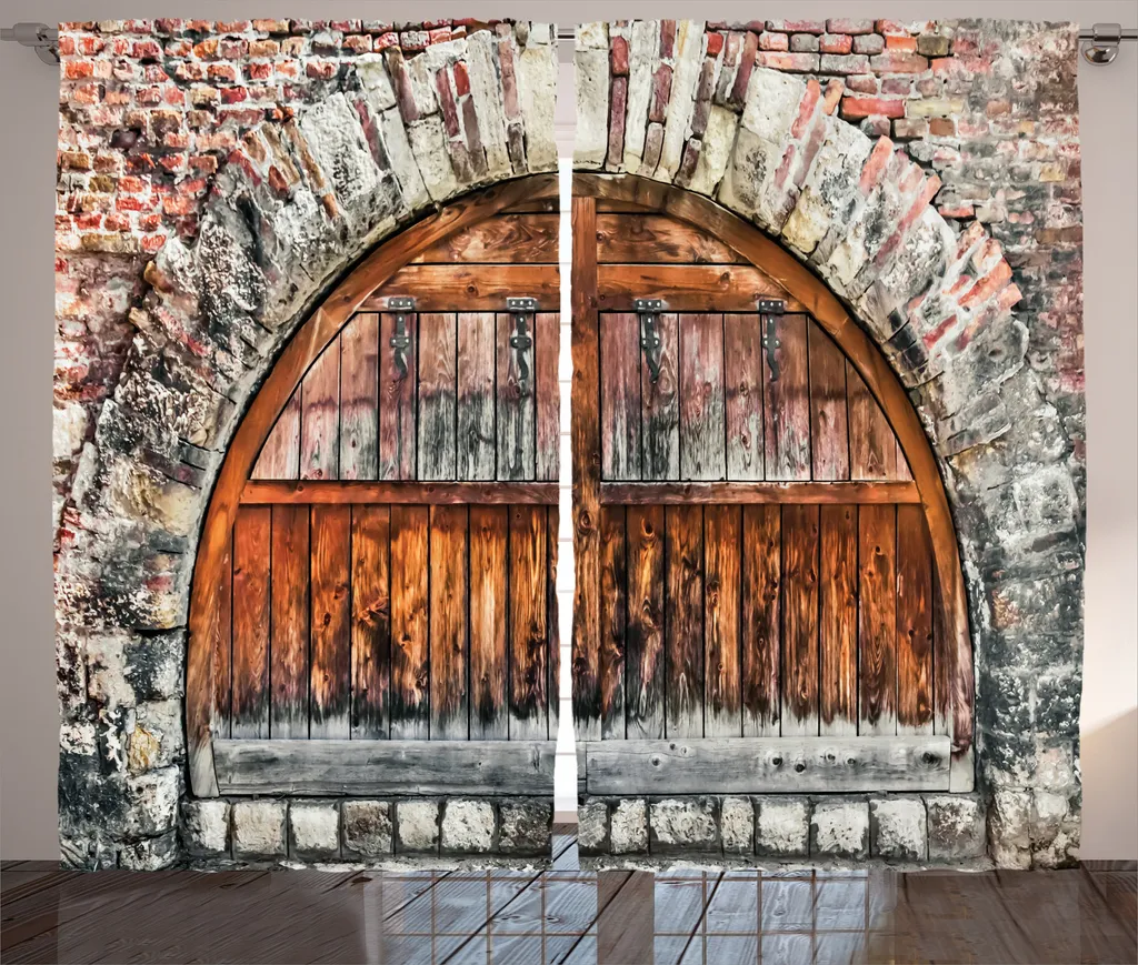 Rideau à Fronces Porte Rustique 280x225cm en Tissu Gris Brun Durable