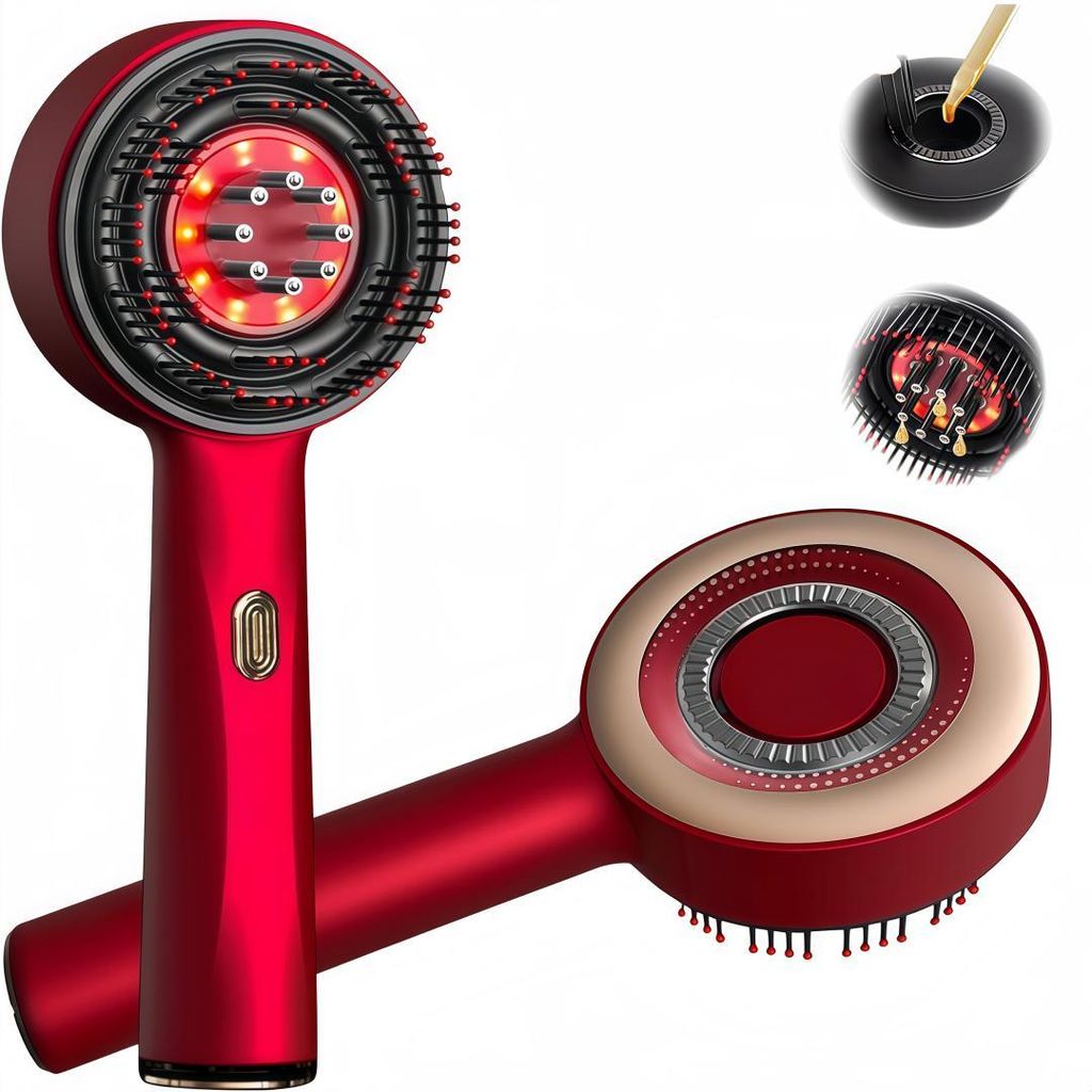 Elektrischer Kopfmassagegeräte, Haarbürste, Kopfhaut Massagebürste, Rotlicht Haarmassagebürste, 3 Modi, Ölspender für Haare, 360° Knetmassage
