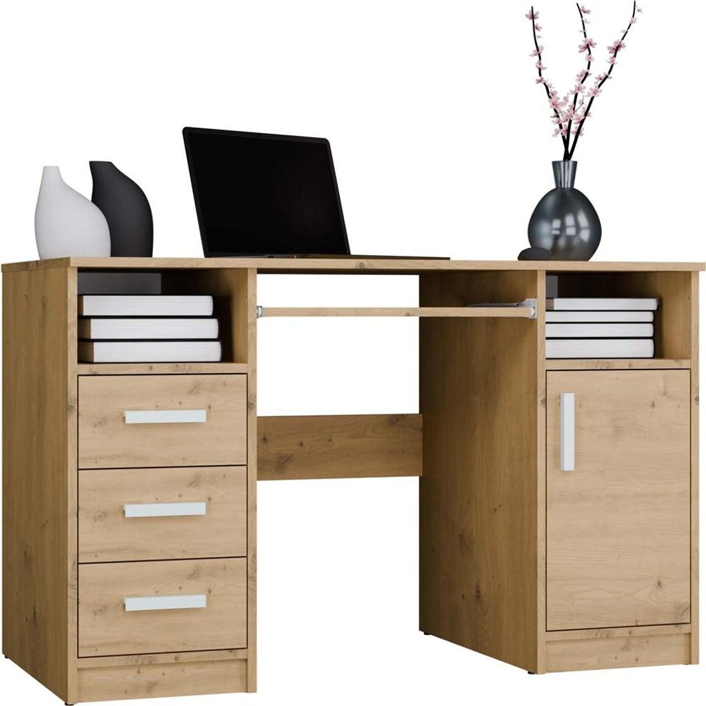 Schreibtisch DELTA mit 3 Schubladen Tür Regalen und Tastaturauszug Artisan Eiche 120x60x75 cm