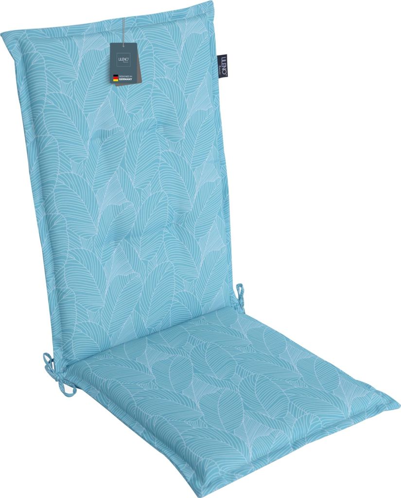 A light blue chair cushion with a leaf pattern, shown from a diagonal angle against a white background.