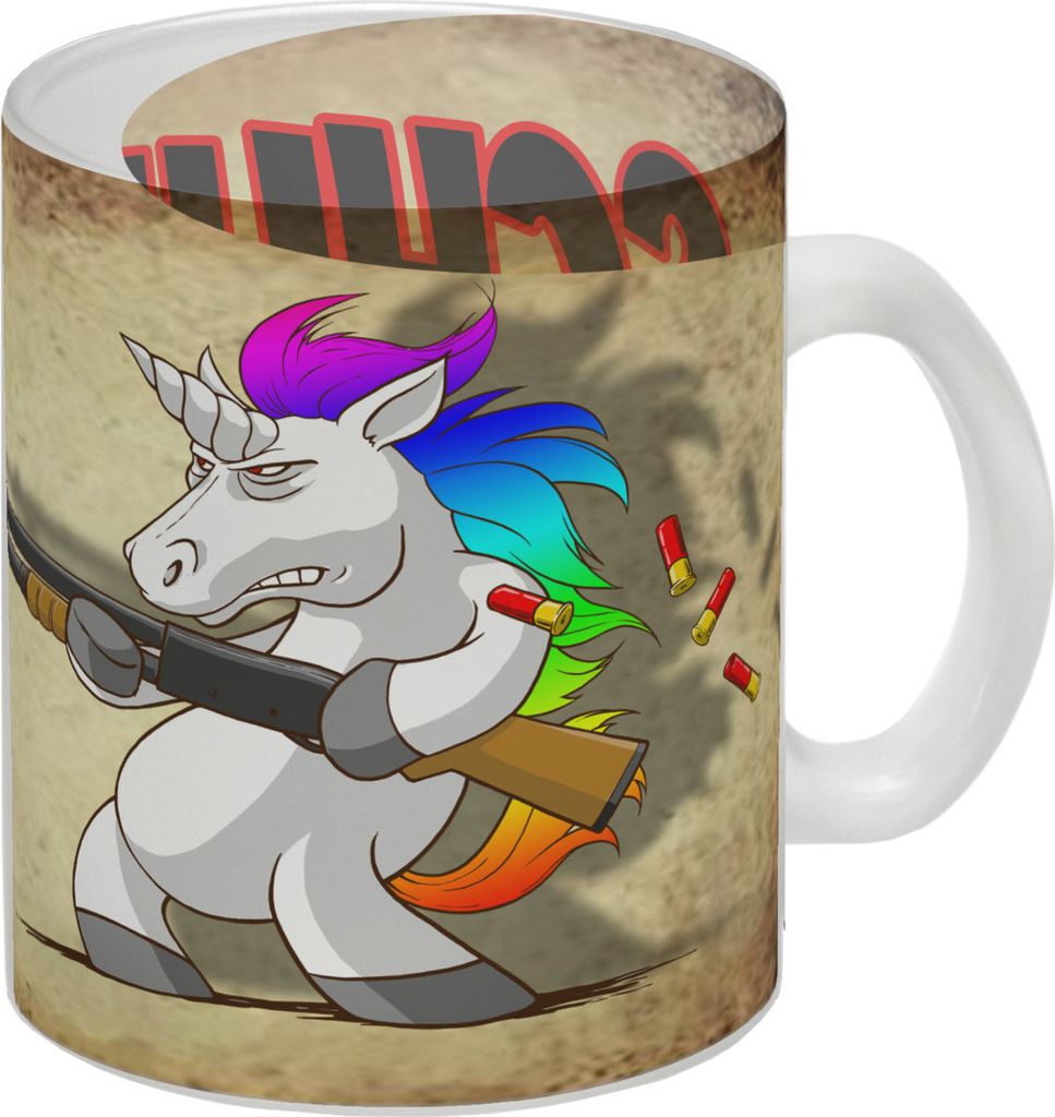 Glas Tasse mit lustigem Einhorn mit Gewehr Motiv - SCHLUSS MIT LUSTIG!