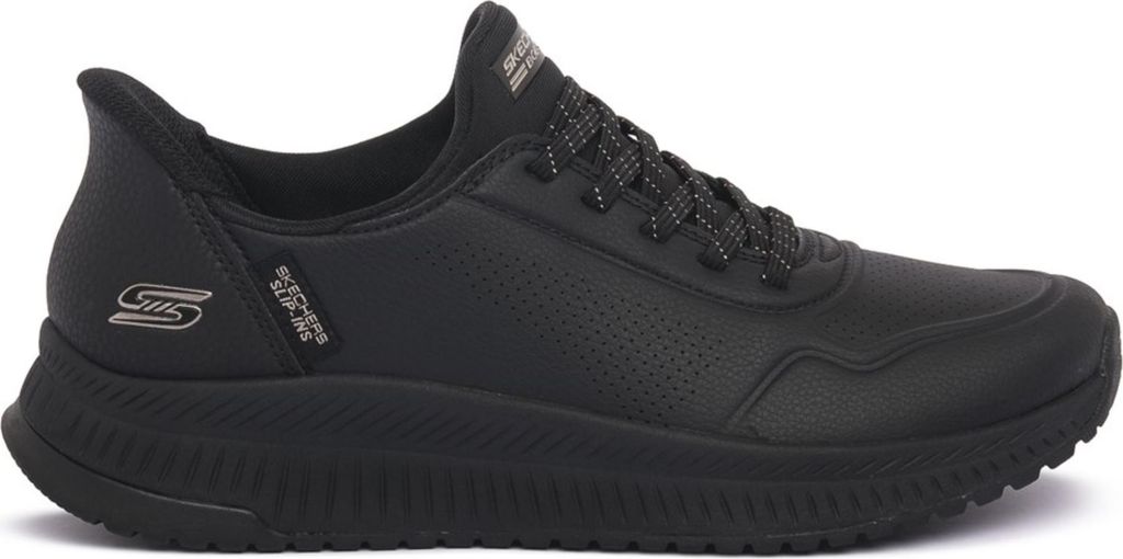 A black Skechers women's sneaker is shown in a side profile against a white background.