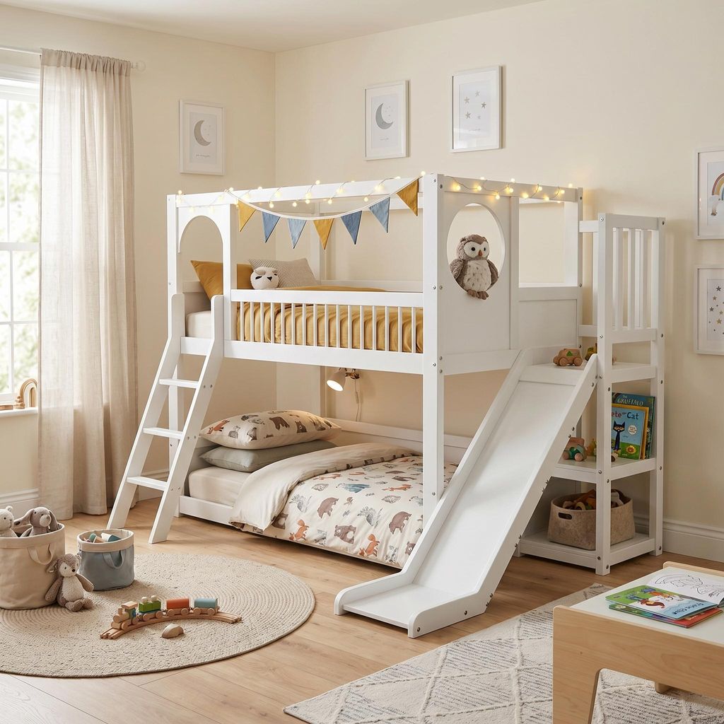 Merax Etagenbett 90x200cm mit Rutsche und Leiter, Kinderbett mit Regalen, Lattenrost und Rausfallschutz, Hochbett Massivholzbett Stockbett Jugendbett