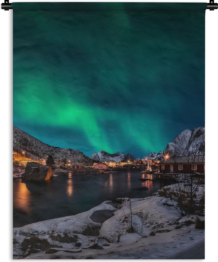 MuchoWow Wandteppich Wandbehang Nordlicht - Island - Schnee - Dorf - Grün - Berge 60x80 cm Tapisserie Dekoration Wandtuch - Decke - Wandtücher ...
