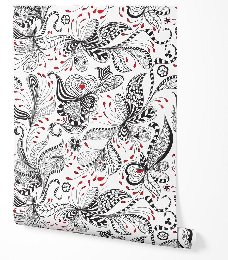 Vliestapete Ornamente Floral Abstrakte Wohnzimmer 2x2,5 Schwarz-Weiß-Rot