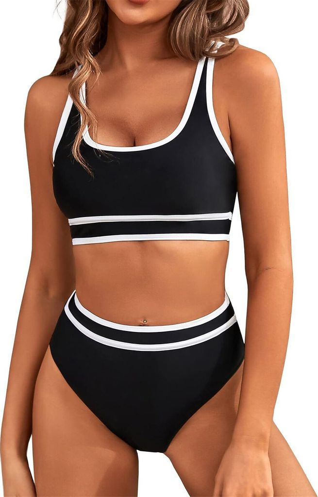 ASKSA Damen Bikini Set y Push Up Badeanzug Zweiteilige Tankini Bademode Swimsuit, Schwarz, Groesse: XL
