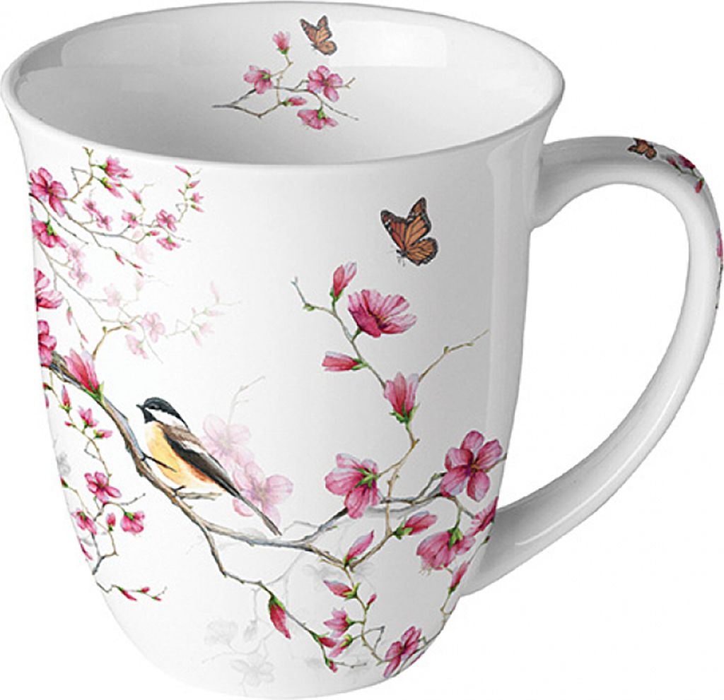 Tasse 10cm Porzellan mit Kirschblüten & Vogel Motiv Rosa / Produktbild 