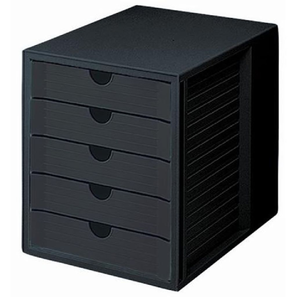 A black drawer unit with five drawers.
